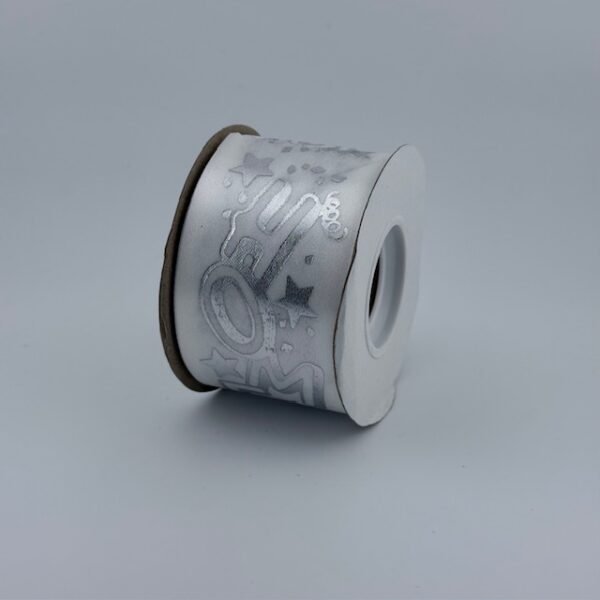 Ribbon - #16 Printed Ribbon  - HOMECOMING w/ Stars and Confetti - 2"x25yds - White / Silver