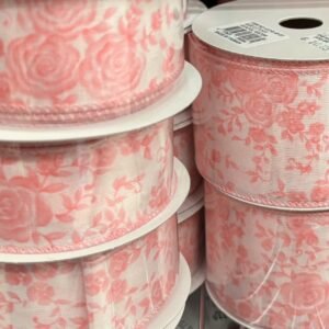 #9 Floral Print Wired Ribbon White and Pink