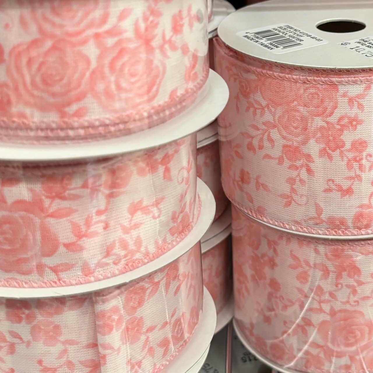 #9 Floral Print Wired Ribbon White and Pink