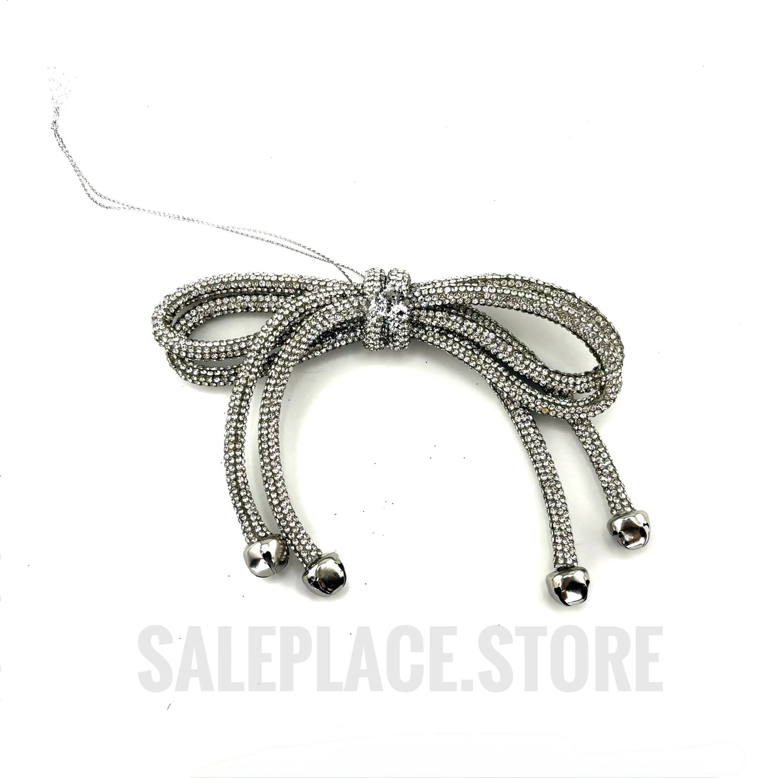 Rhinestone sparkle bow cord with jingle bells in silver