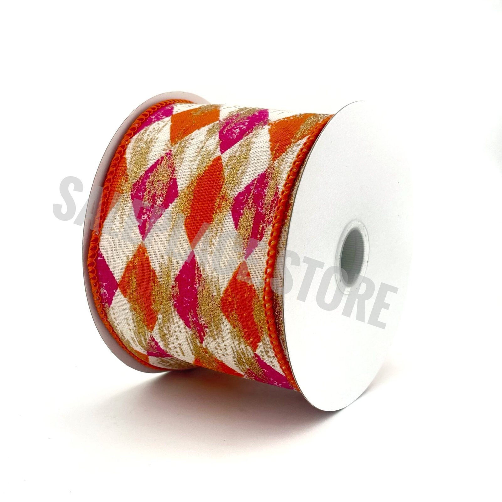 2.5 inch wired argyle pattern ribbon in hot pink and orange with metallic gold ribbon for holiday and Christmas crafts as well as Homecoming Mums