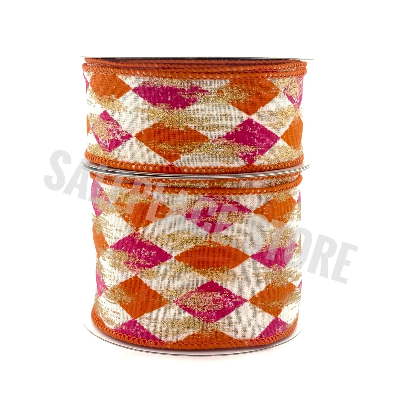 2.5 inch wired argyle pattern ribbon in hot pink and orange with metallic gold ribbon for holiday and Christmas crafts as well as Homecoming Mums