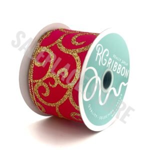 2.5 inch wired hot pink ribbon with gold glitter vine design for holiday crafts