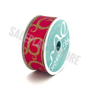 1.5 inch wired hot pink ribbon with gold glitter vine design for holiday crafts