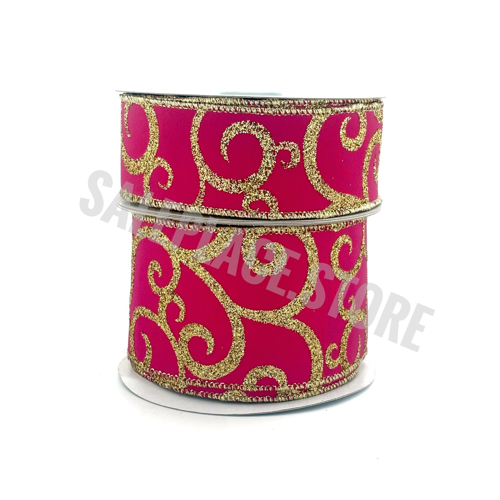 2.5 inch wired hot pink ribbon with gold glitter vine design for holiday crafts