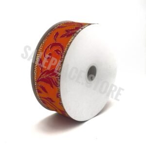 Wired pink floral ribbon on orange in a 10-yard roll for Christmas and holiday decorations