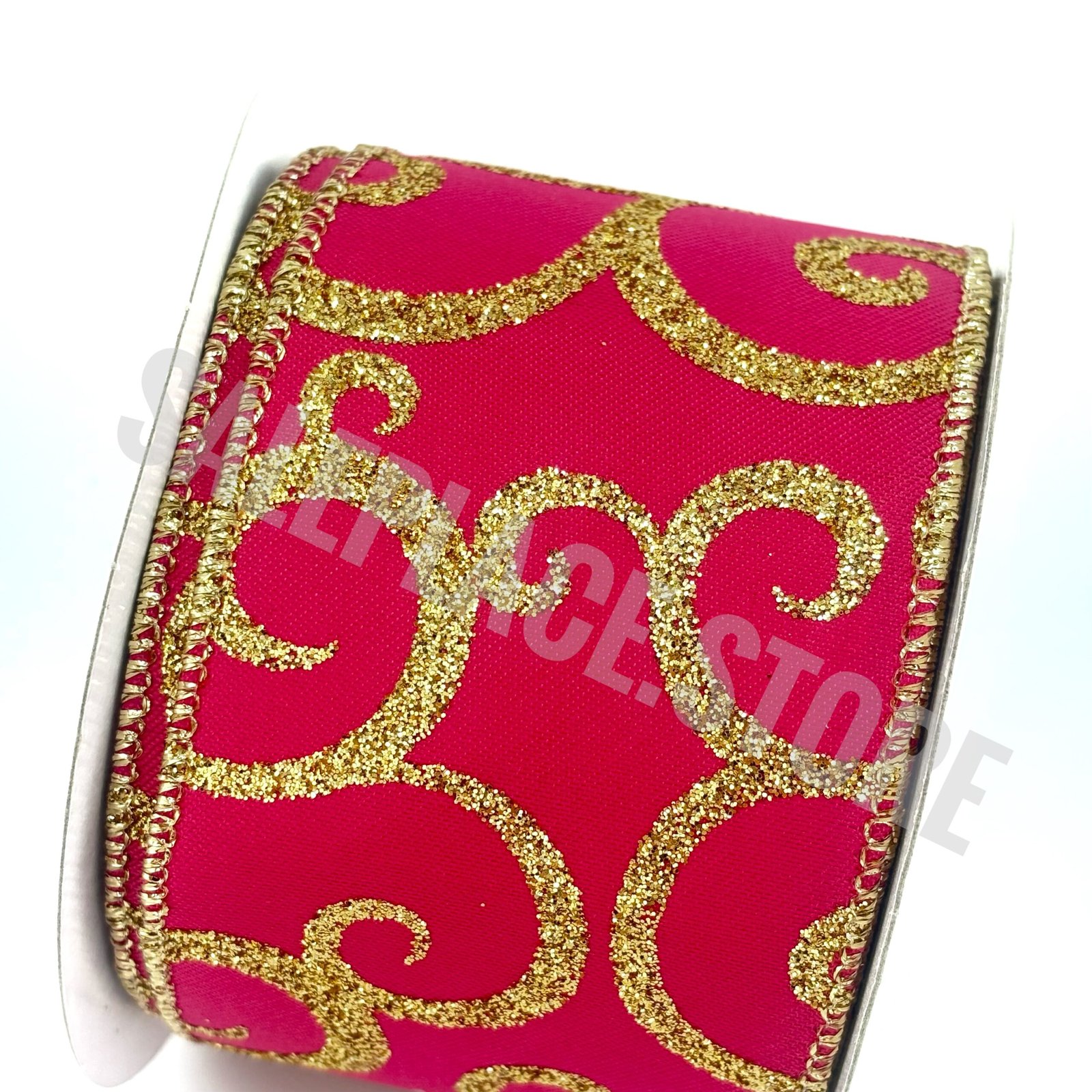 2.5 inch wired hot pink ribbon with gold glitter vine design for holiday crafts