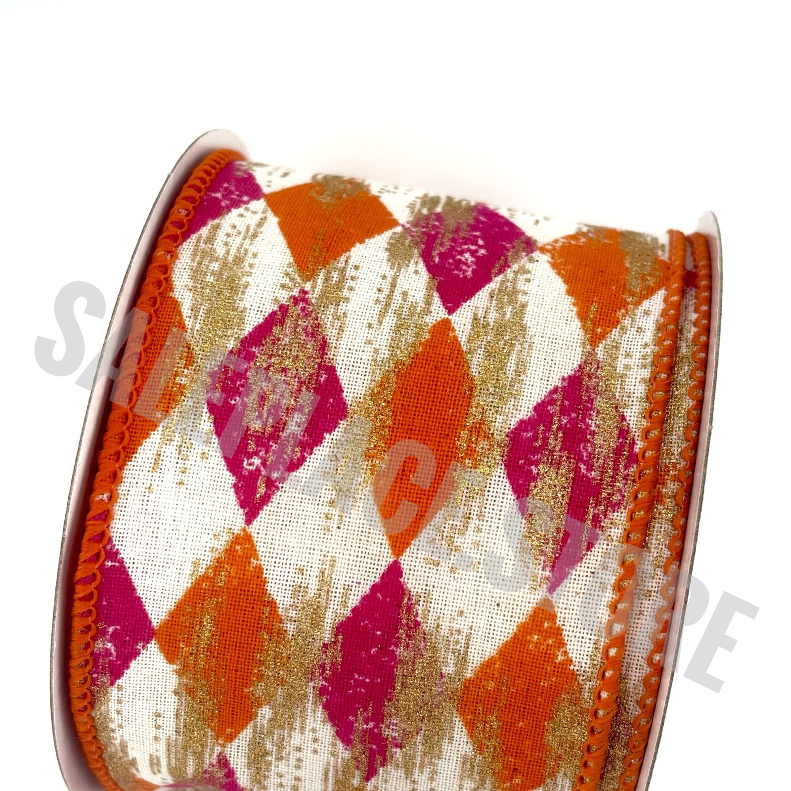 2.5 inch wired argyle pattern ribbon in hot pink and orange with metallic gold ribbon for holiday and Christmas crafts as well as Homecoming Mums