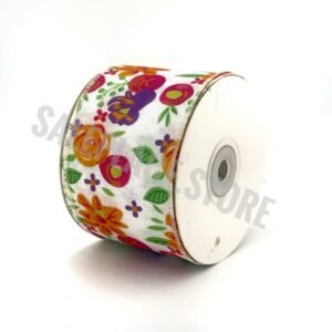 2.5 inch wired multi colored floral print ribbon in orange pink and purple