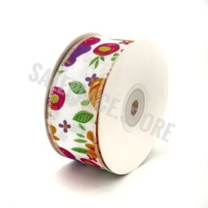 1.5 inch wired multi colored spring flower print ribbon in orange pink and purple