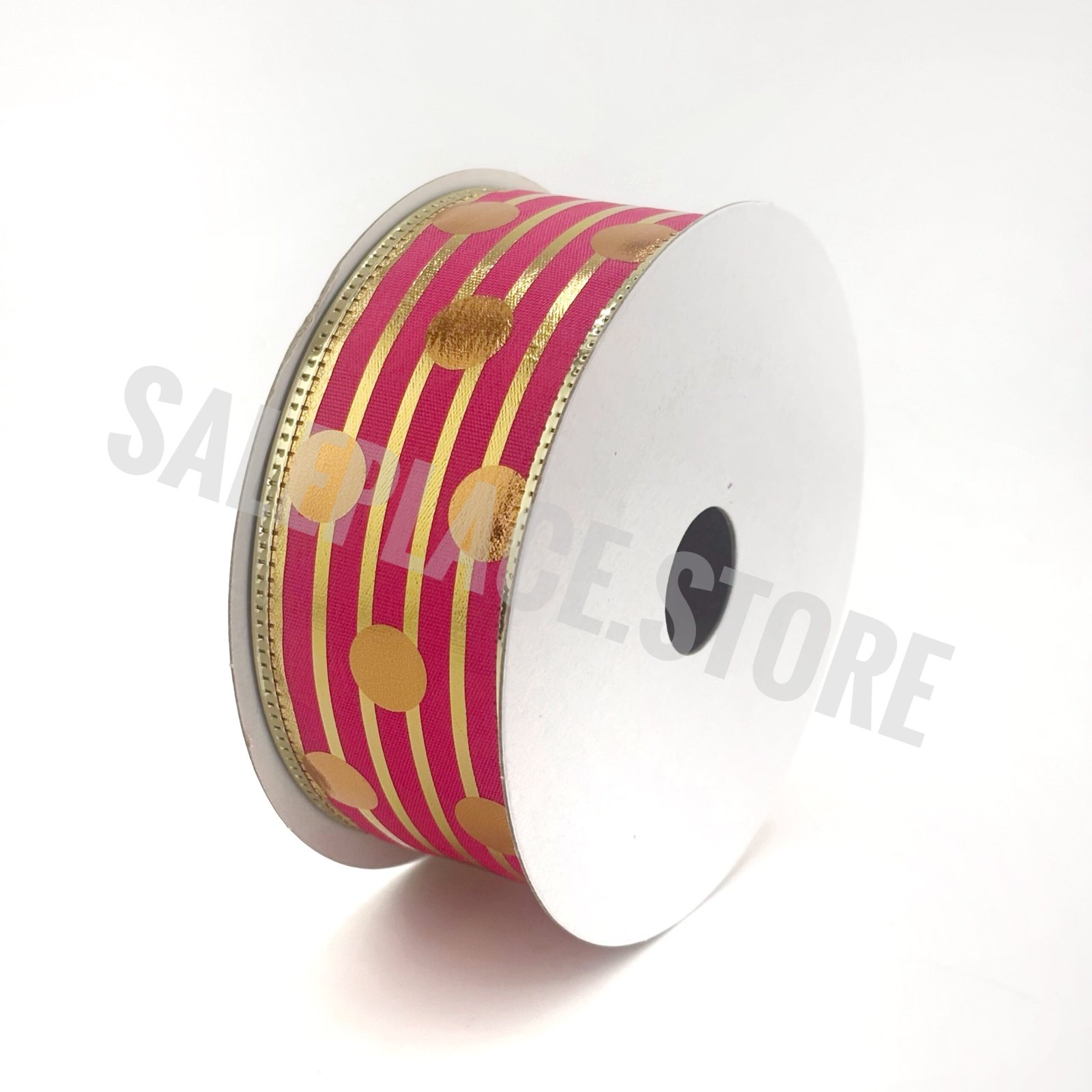 Wired 1.5 inch ribbon in hot pink and gold with striped and polka dots for Christmas and homecoming mum crafting