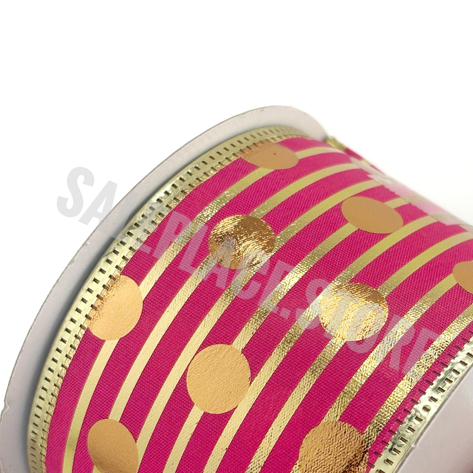 Ribbon - Wired Striped and Dots Hot Pink/Gold #40 (2.5 inch) - 10 yards - Image 3