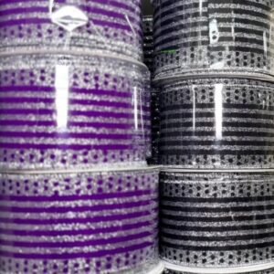 Ribbon- Wired Vertical Stripe and Dots - 10 yards - Black/Silver