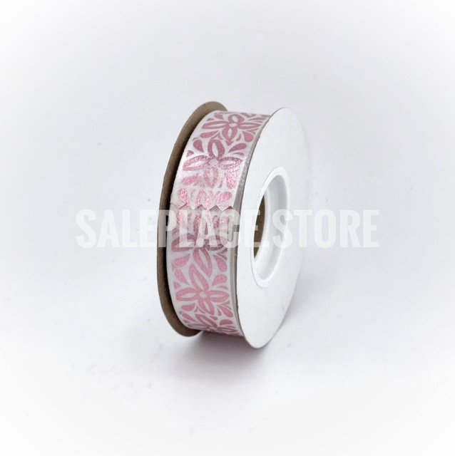 Pink foil stamped white flower print ribbon for homecoming mums and garters