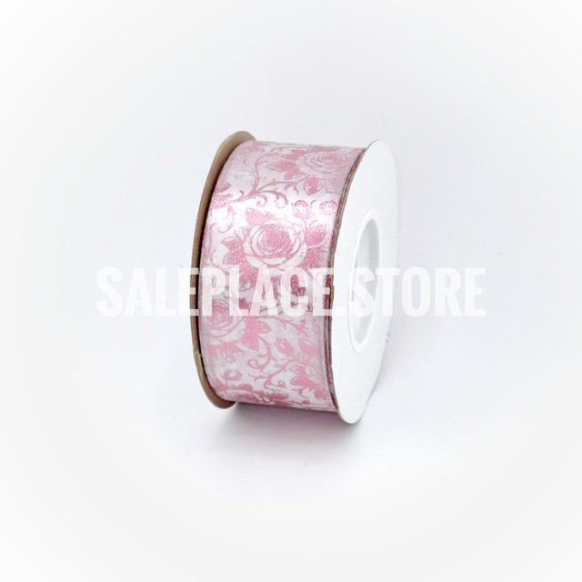 Pink foil stamped white rose printed ribbon for homecoming mums and garters
