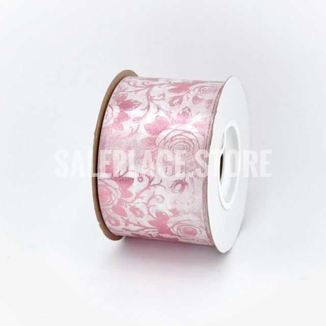 Pink foil stamped white rose printed ribbon for homecoming mums and garters