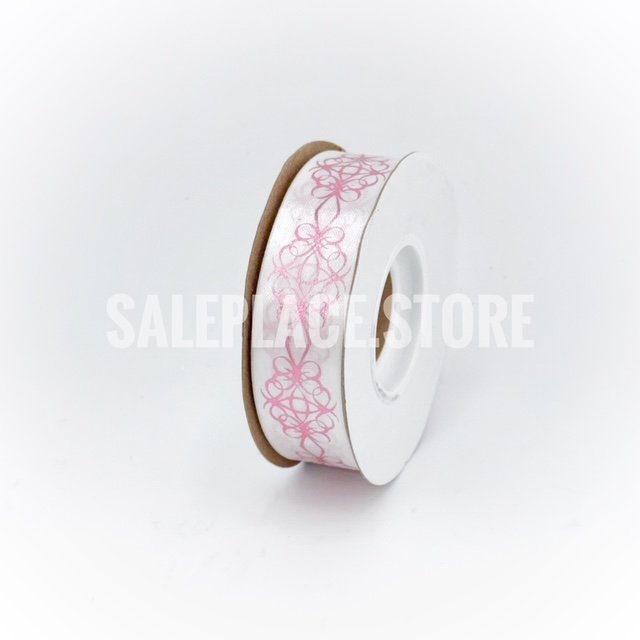 Pink foil stamped white scroll bow printed ribbon for homecoming mums and garters