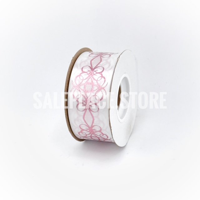 Pink foil stamped white scroll bow printed ribbon for homecoming mums and garters