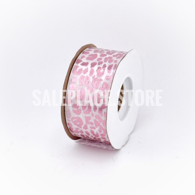 Pink foil stamped white cheetah or jaguar printed ribbon for homecoming mums and garters