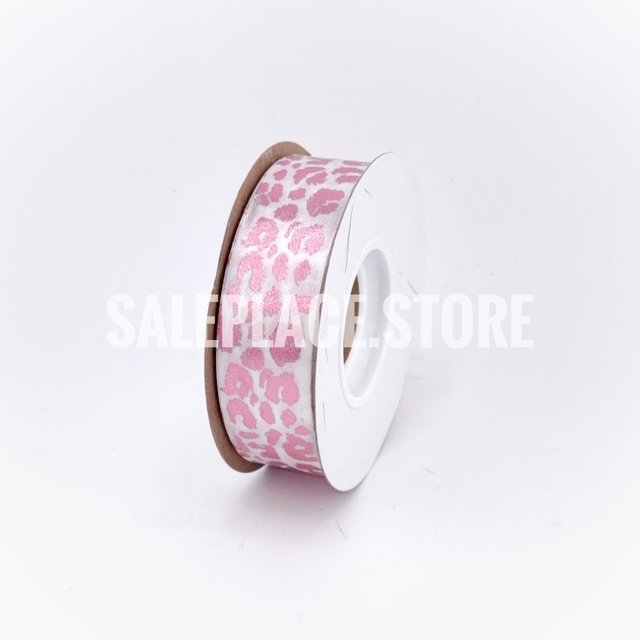 Pink foil stamped white cheetah or jaguar printed ribbon for homecoming mums and garters