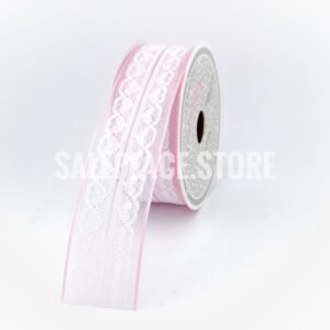 Pink scalloped heart overlay ribbon for Valentines day and homecoming mum crafts. Retail and wholesale pricing.