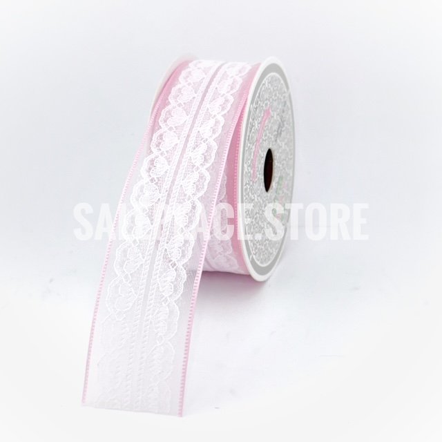 Pink scalloped heart overlay ribbon for Valentines day and homecoming mum crafts. Retail and wholesale pricing.