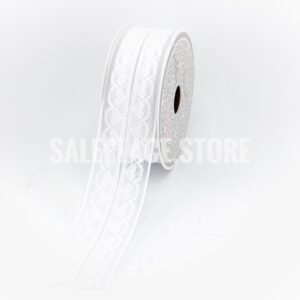 White scalloped heart overlay ribbon for Valentines day and homecoming mum crafts. Retail and wholesale pricing.