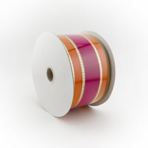 Ribbon - 2.5” Vertical Gold Stripe - Pink / Orange - 10 yards