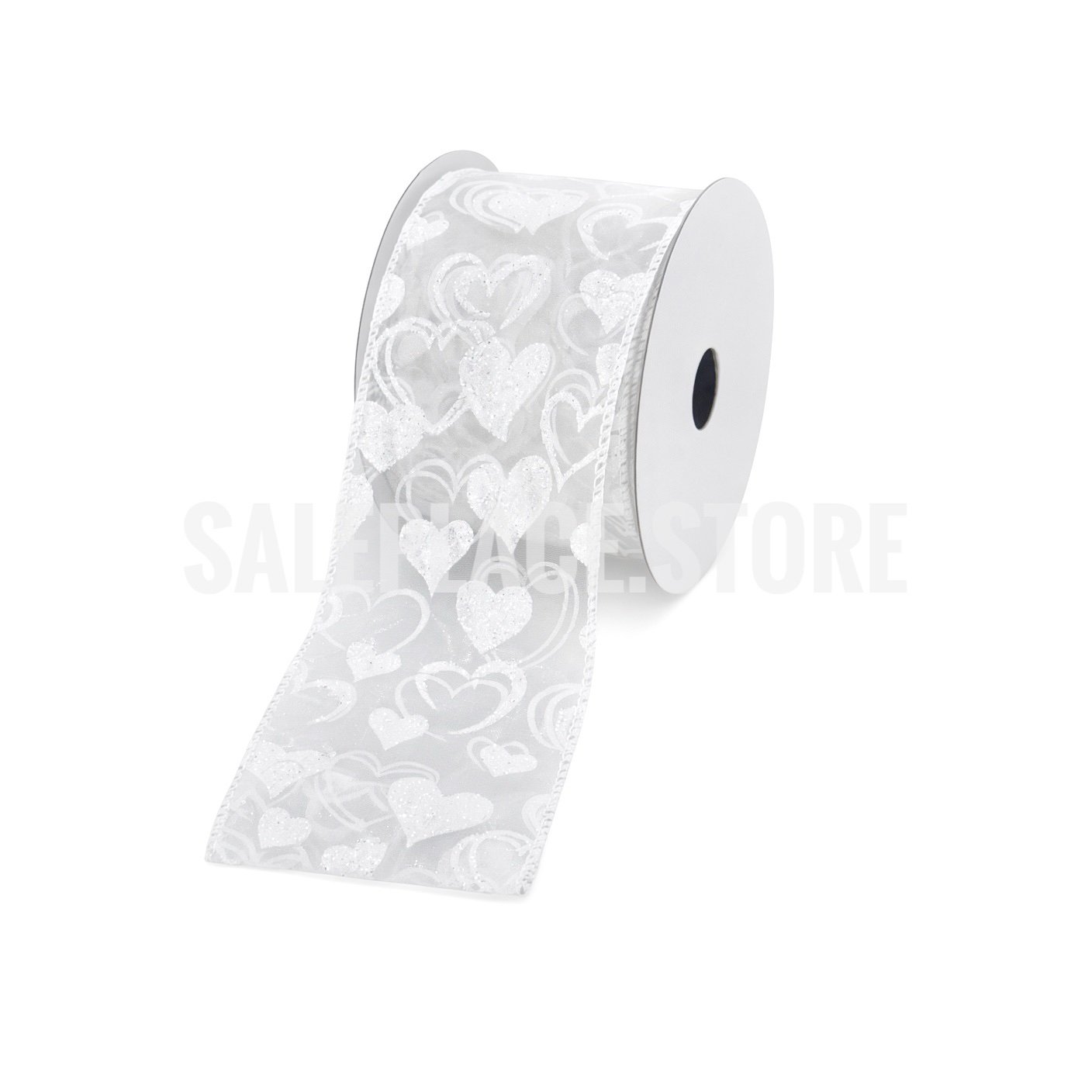 Ribbon - Wired Sheer Glitter Heart Ribbon - 2.5"x10 yards (#40) - White